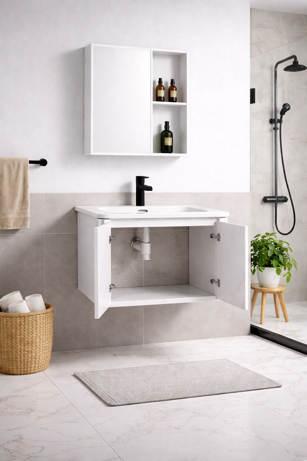 Set mobilier baie, suspendat, lavoar inclus, 70x46x41cm, aluminiu, dulap de baie cu oglinda LED, 65x68x11cm, 3 culori lumina, functie dezaburire, alb marmorat