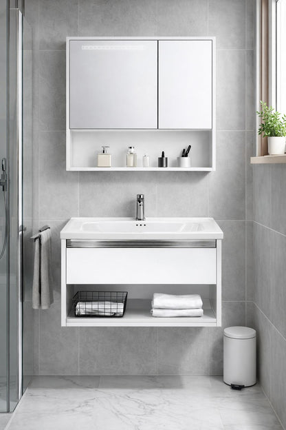 Set mobilier baie, suspendat, 70x47cm, sluminiu, sertar compartimentat, dulap oglinda 65x68x11cm, LED cu senzor, alb