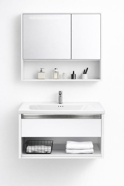 Set mobilier baie, suspendat, 70x47cm, sluminiu, sertar compartimentat, dulap oglinda 65x68x11cm, LED cu senzor, alb