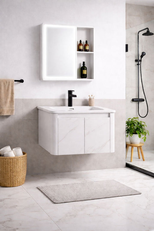 Set mobilier baie, suspendat, lavoar inclus, 70x46x41cm, aluminiu, dulap de baie cu oglinda LED, 65x68x11cm, 3 culori lumina, functie dezaburire, alb marmorat