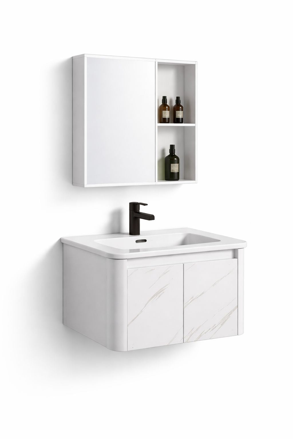 Set mobilier baie, suspendat, lavoar inclus, 60x46x41cm, aluminiu, dulap de baie cu oglinda LED, 55x68x11cm, 3 culori lumina, functie dezaburire, alb marmorat