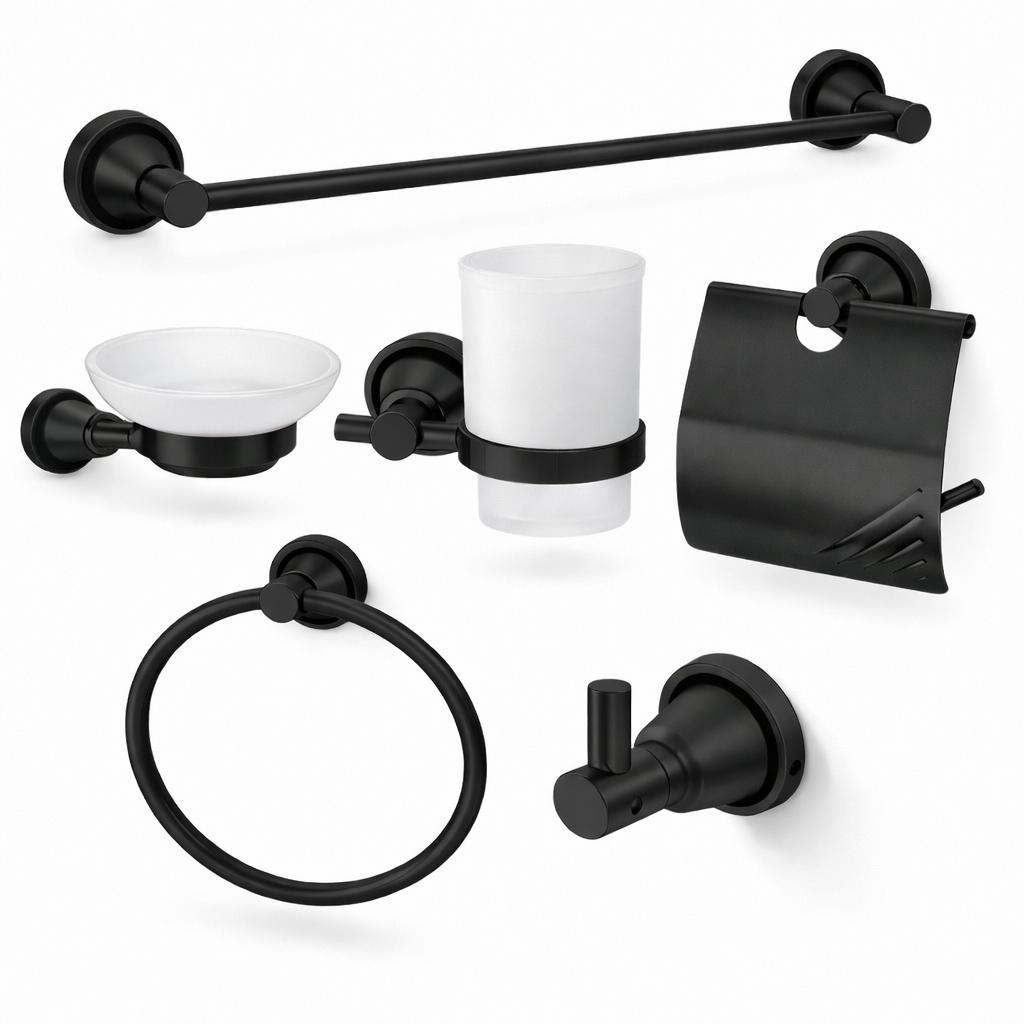 Set 6 piese accesorii baie, aluminiu, negru RV888832