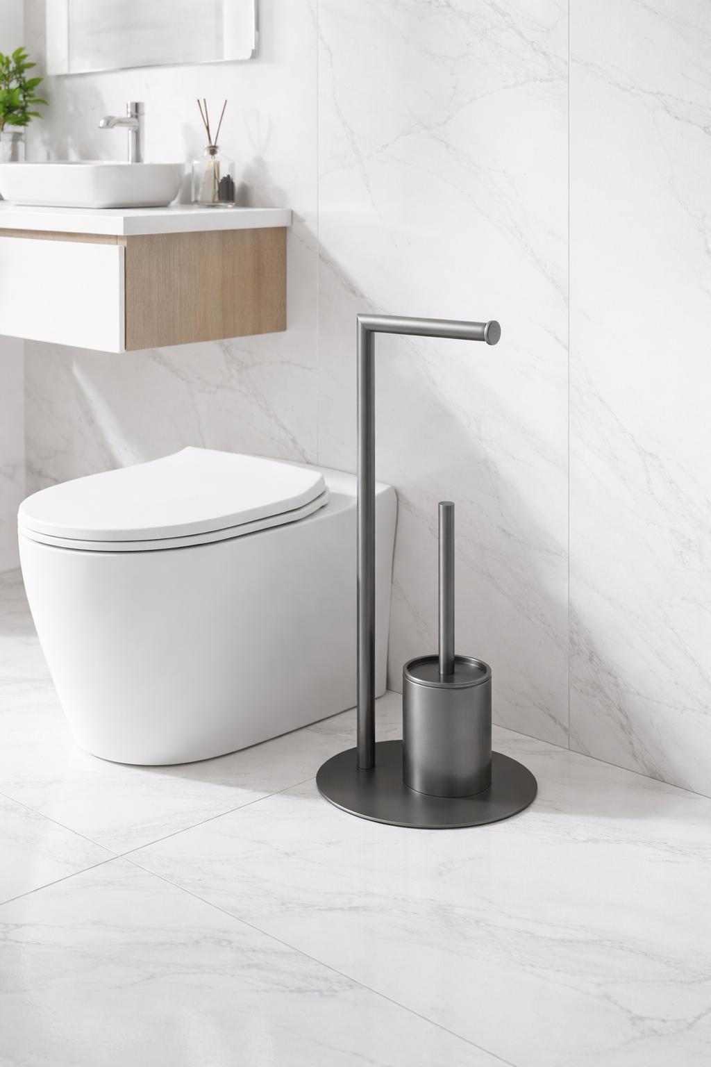 Suport hartie igienica cu perie wc, otel inxidabil, gri RV8888164G